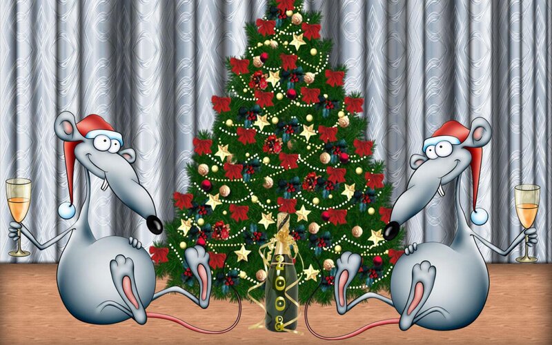 Two Cartoon Mice — Green, Festive, Winter