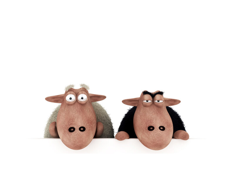 two cartoon sheep peeking over a surface
