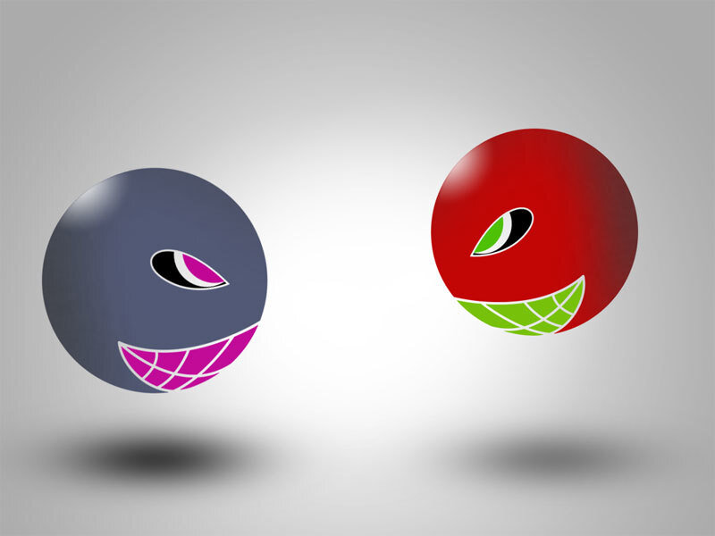 Two cartoon spheres with eyes and smiles
