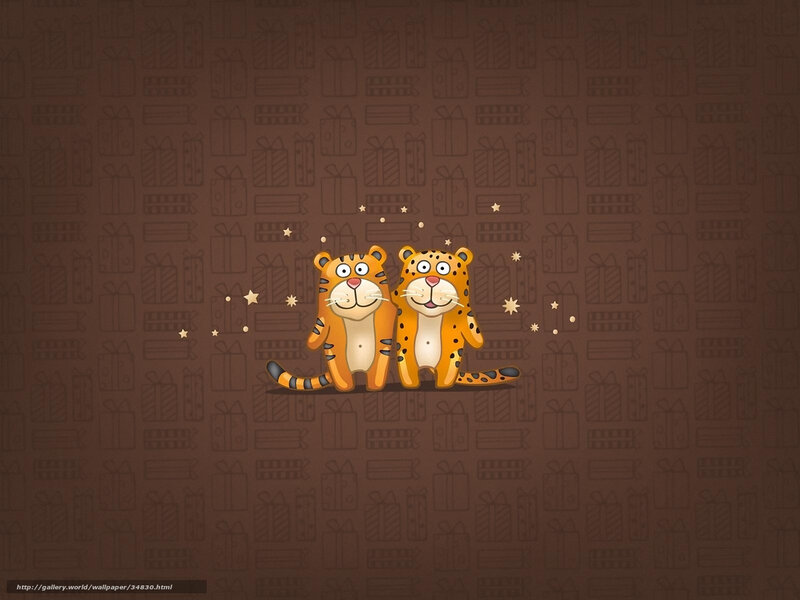Two cartoon tigers on gift background