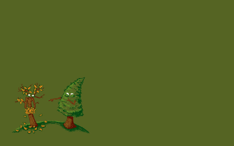 two cartoon trees interacting