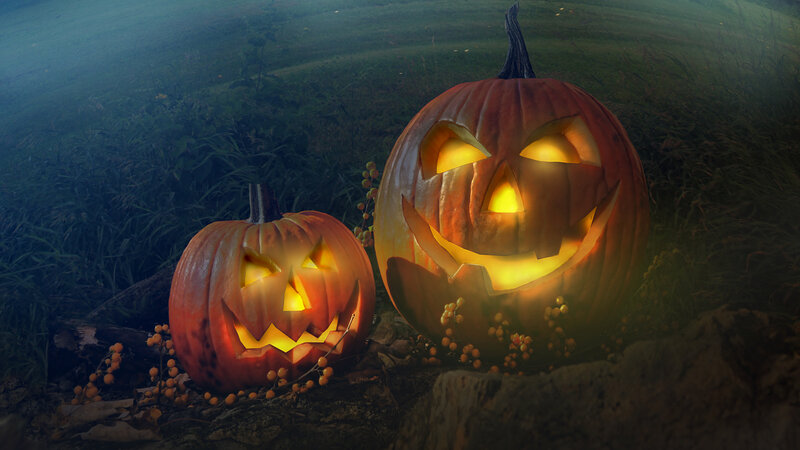 Two Carved Pumpkins — Orange, Creepy, Night
