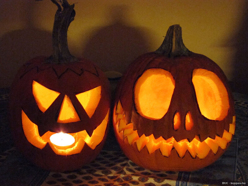 Two Carved Pumpkins — Orange, Creepy