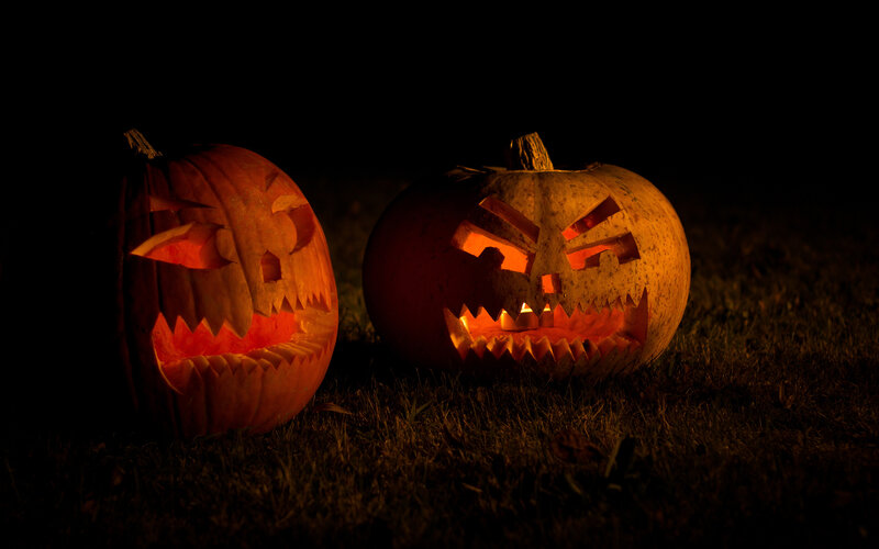 Two Carved Pumpkins — Orange, Dark, Night, Photograph