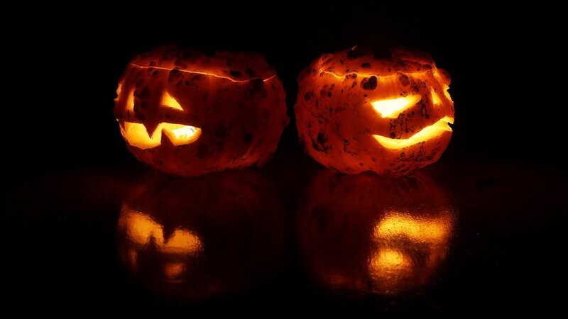 Two Carved Pumpkins — Orange, Dark, Night