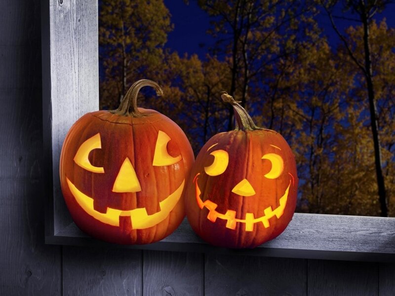 Two Carved Pumpkins — Orange, Festive