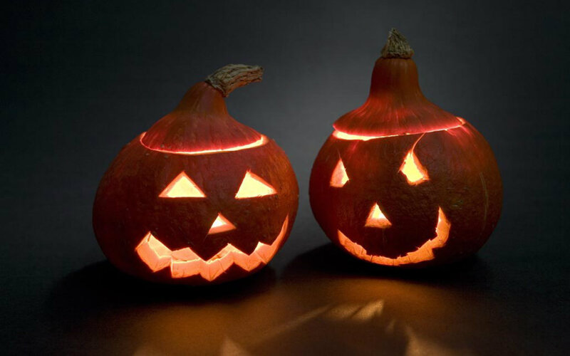 Two Carved Pumpkins — Orange, Spooky