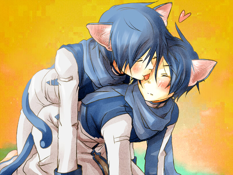 two cat-eared characters hugging