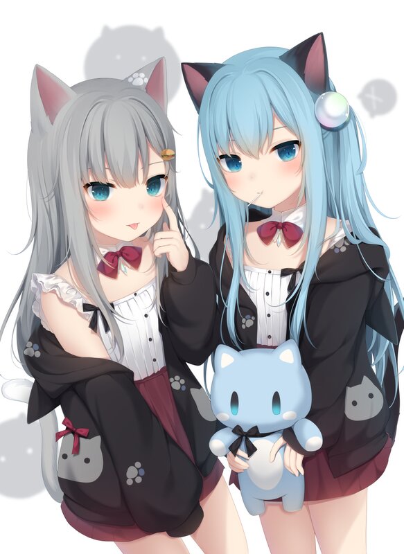 Two Cat-eared Girls — Blue, Playful, Anime, Cat Ears