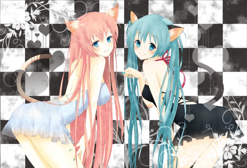 Two Cat-eared Girls — Blue, Playful, Anime