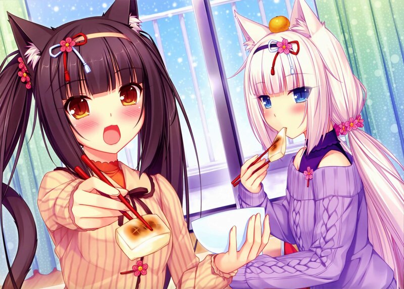 Two Cat-eared Girls Eating — Purple
