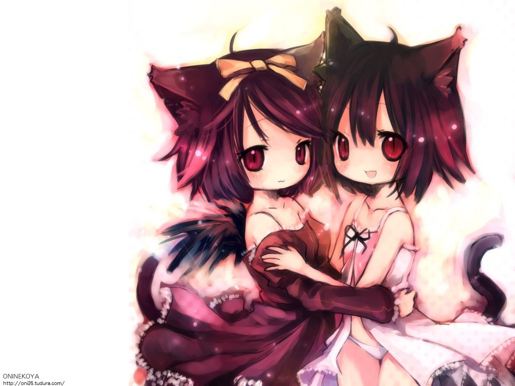 Two cat-eared girls hugging