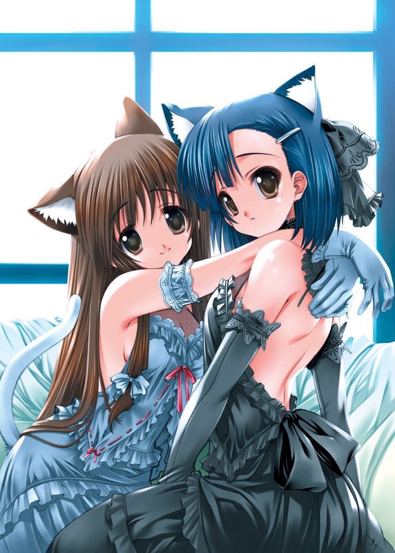 Two cat-eared girls hugging