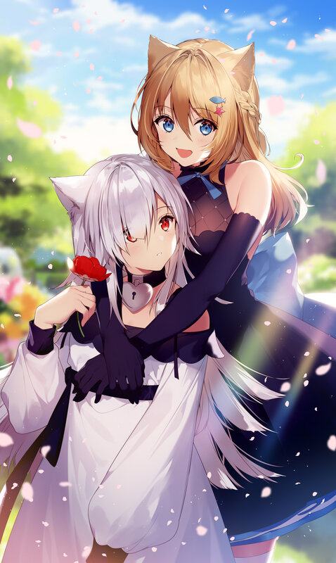 Two Cat-eared Girls Hugging — White, Serene