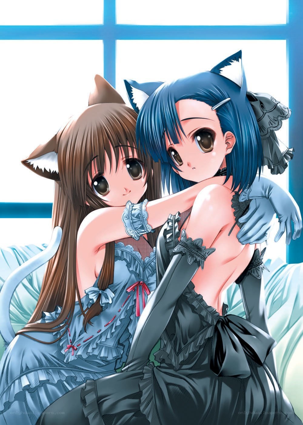 Two cat-eared girls hugging