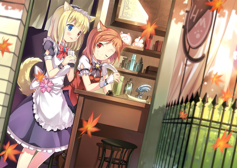 Two Cat-eared Girls in Cafe