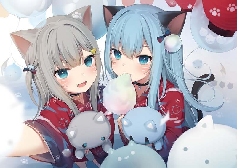 Two Cat-eared Girls — Red, Playful