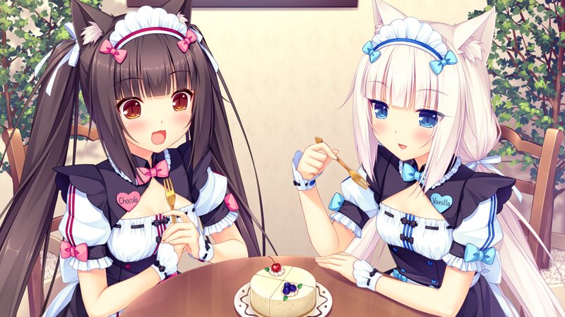 Two Cat Girls Eating Cake — White
