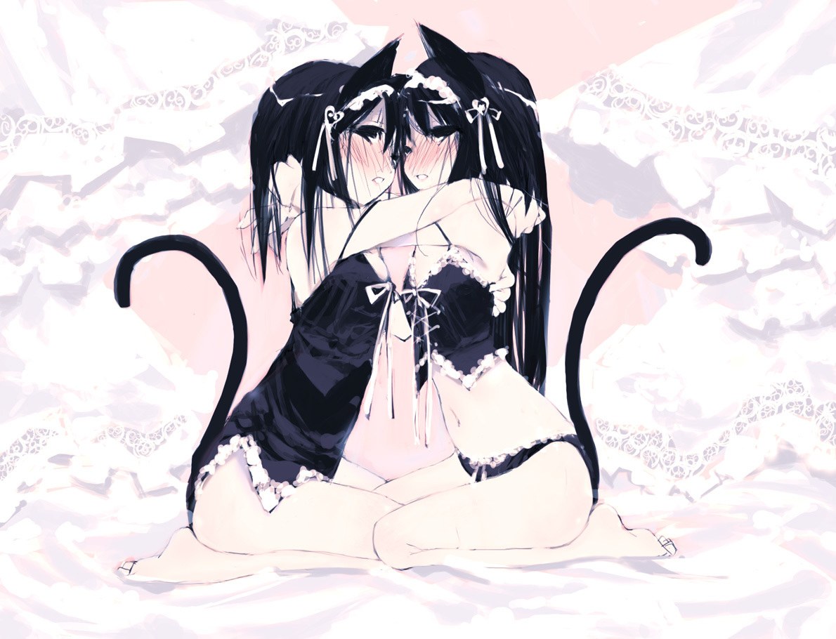 Two cat girls hugging