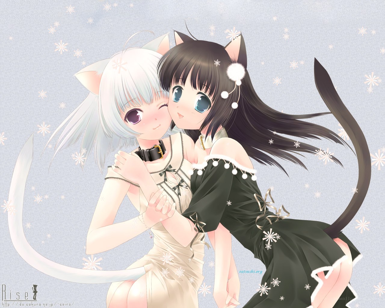Two cat girls hugging in snow