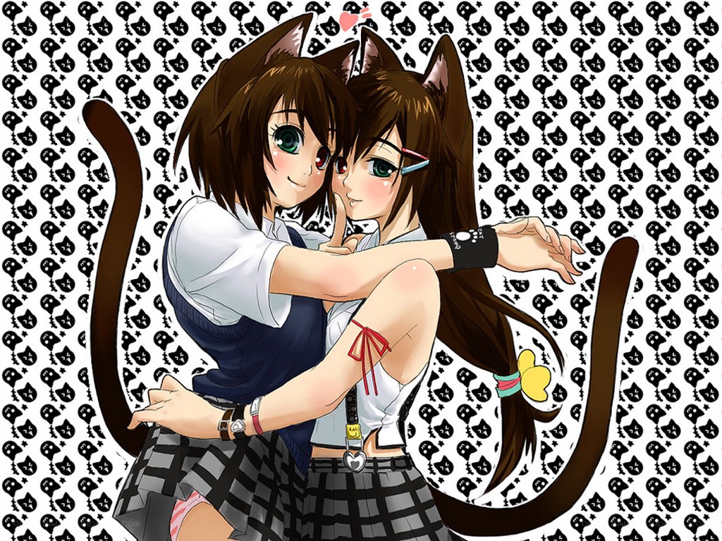 two cat girls hugging