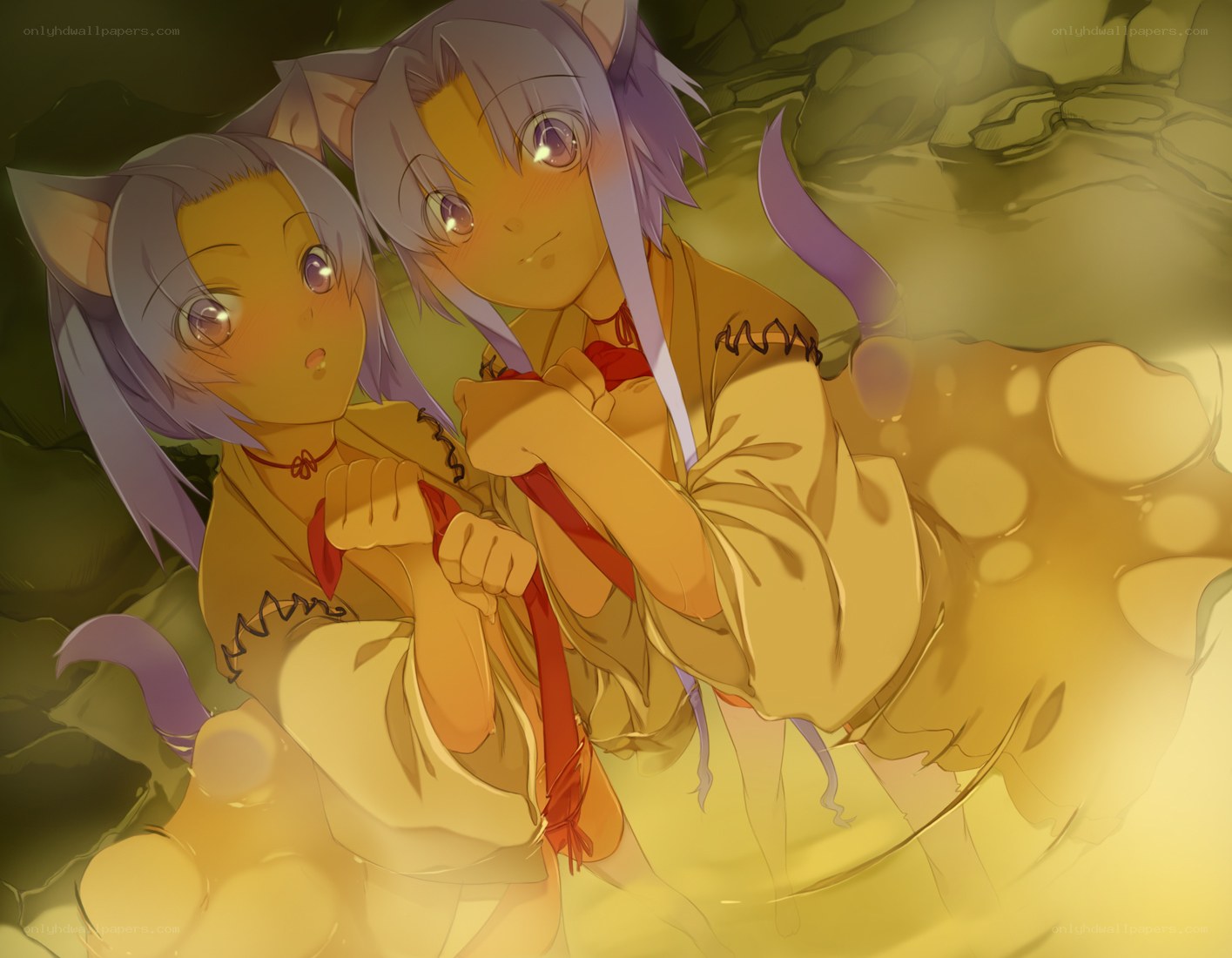 two cat girls in a cave