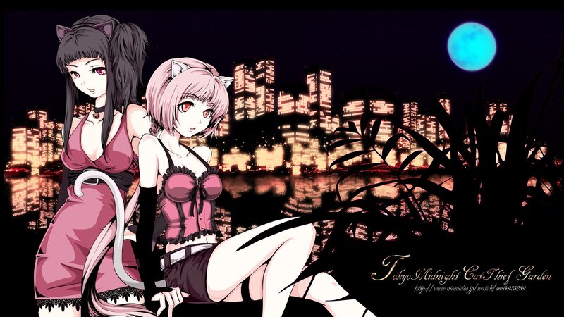 Two cat girls in a city garden