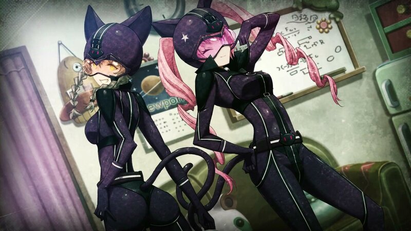 two cat girls in purple suits