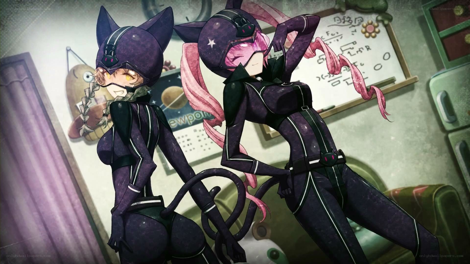 two cat girls in purple suits