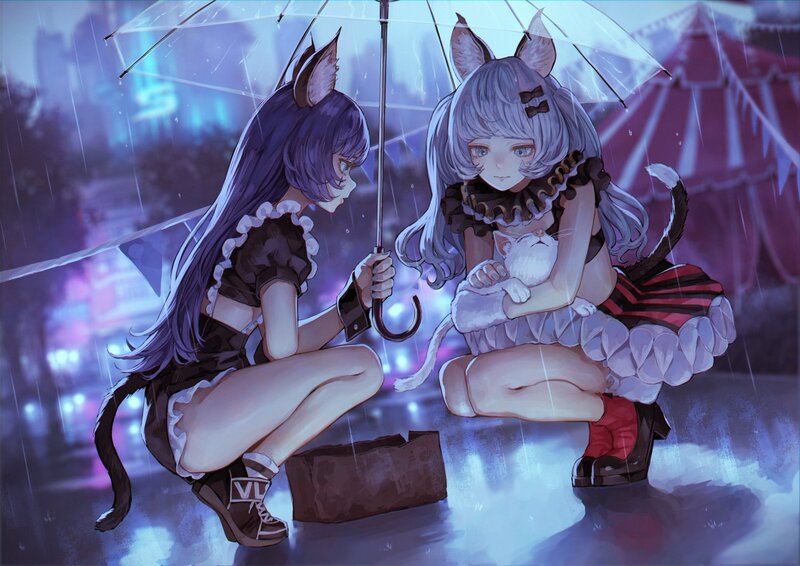Two Cat Girls in Rain