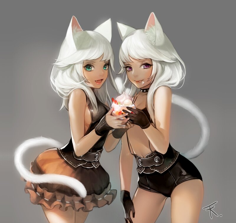 Two Cat Girls Sharing Dessert