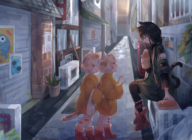 Two Cat Girls with a Boy