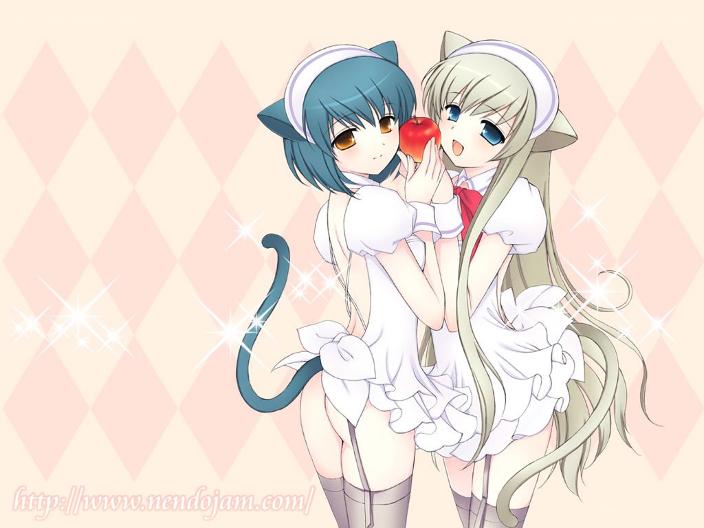 two cat girls with an apple