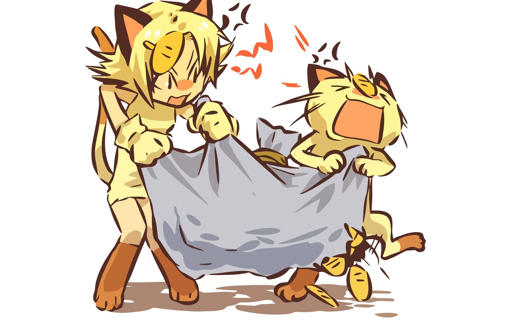 two cat-like characters pulling cloth