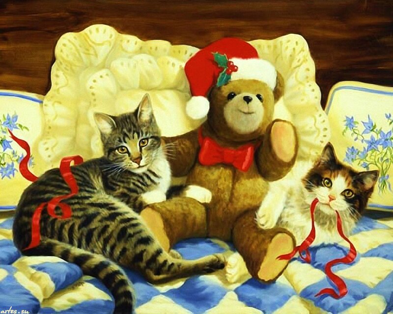 Two Cats and Teddy Bear
