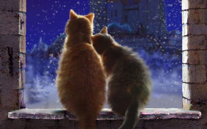 Two Cats at Window — Blue, Serene, Night, Digital Art
