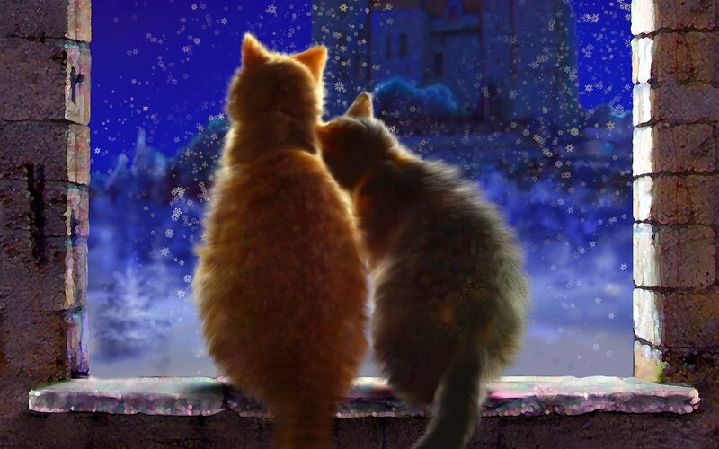 Two Cats at Window — Blue