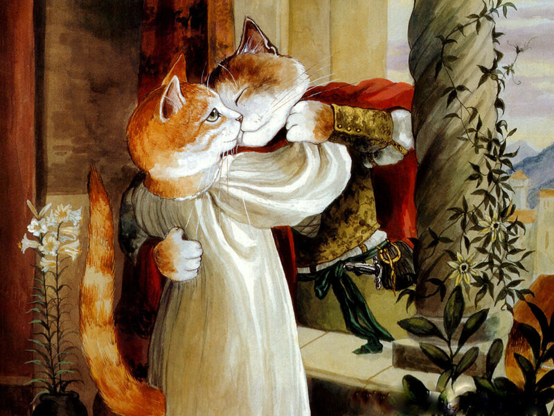 Two cats embracing in a garden