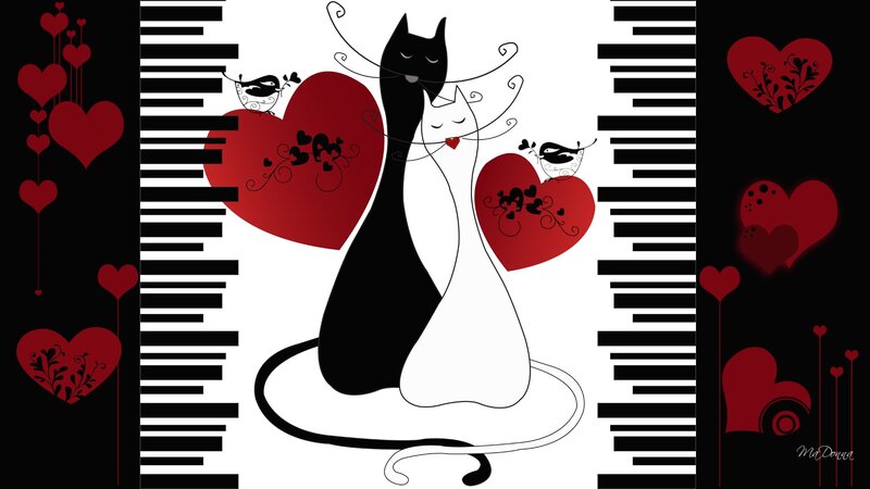Two Cats Holding Hearts