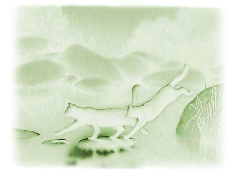 Two cats in a green landscape
