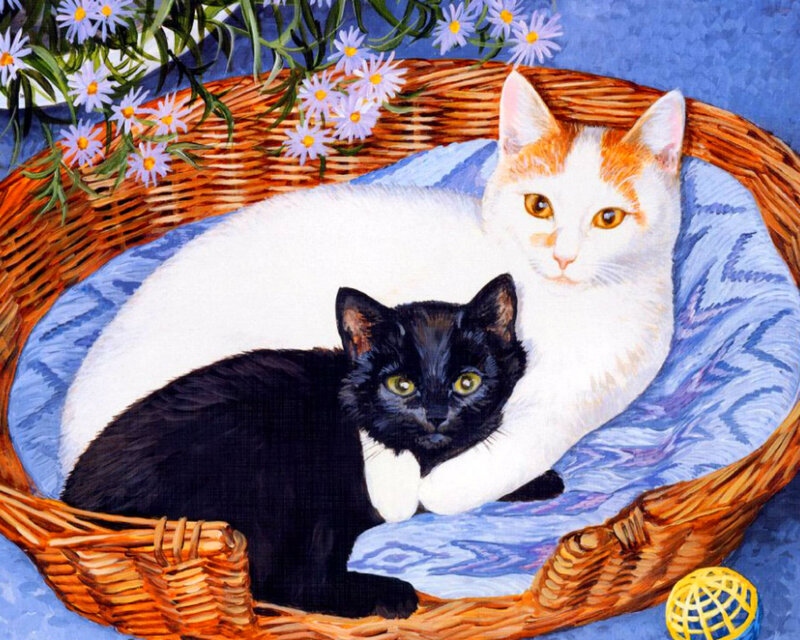 Two Cats in Basket — Blue