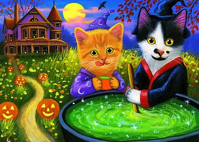 Two Cats in Costumes — Green, Festive, Night