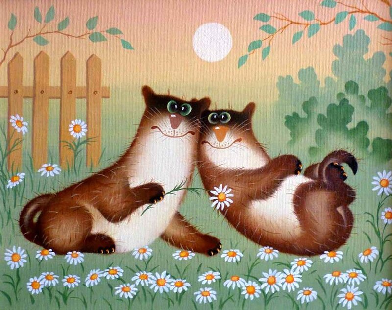 Two Cats in Flowers — Green