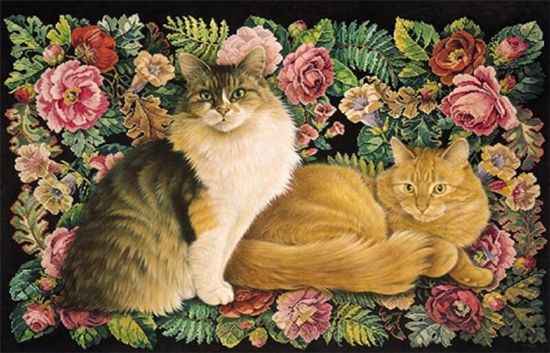 Two Cats in Flowers — Pink