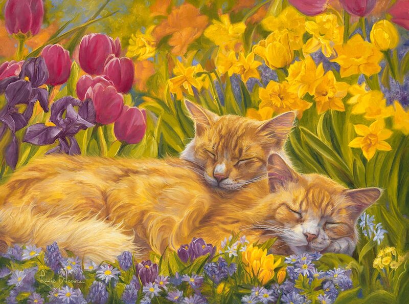 Two Cats in Flowers — Yellow, Serene