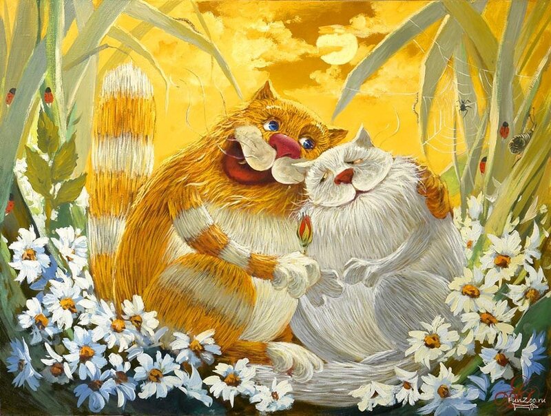 Two Cats in Flowers — Yellow