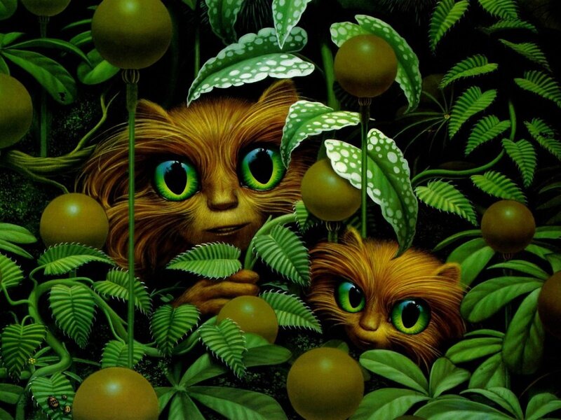 Two Cats in Foliage — Green, Curious