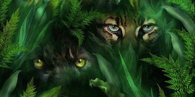 Two Cats in Foliage — Green, Mysterious