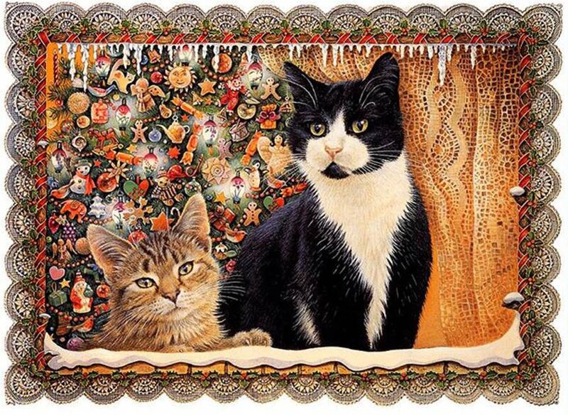 Two Cats in Front of Christmas Tree