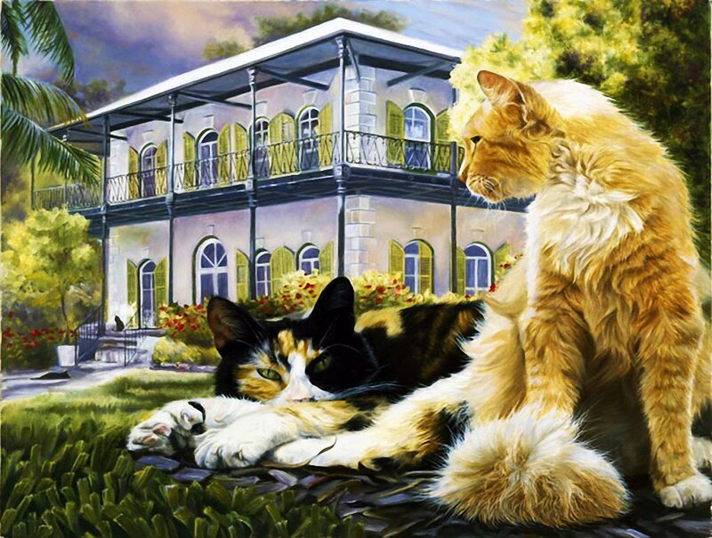 Two Cats in Garden — Green, Serene, Afternoon